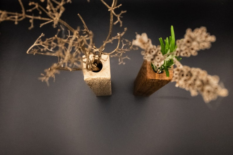 نمای نزدیک از گلدان چوبی با پرداخت صاف و طبیعی