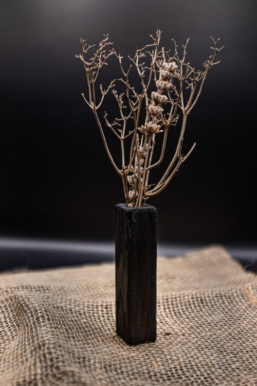 گلدان چوبی کوچک روی طاقچه با نور طبیعی