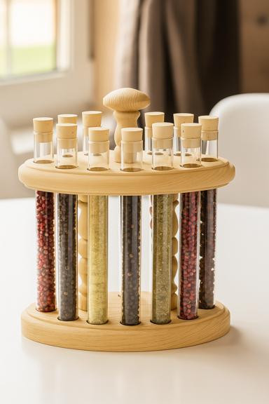 چیدمان دایرهای شیشههای ادویه در جاادویهای چرخان چوبی