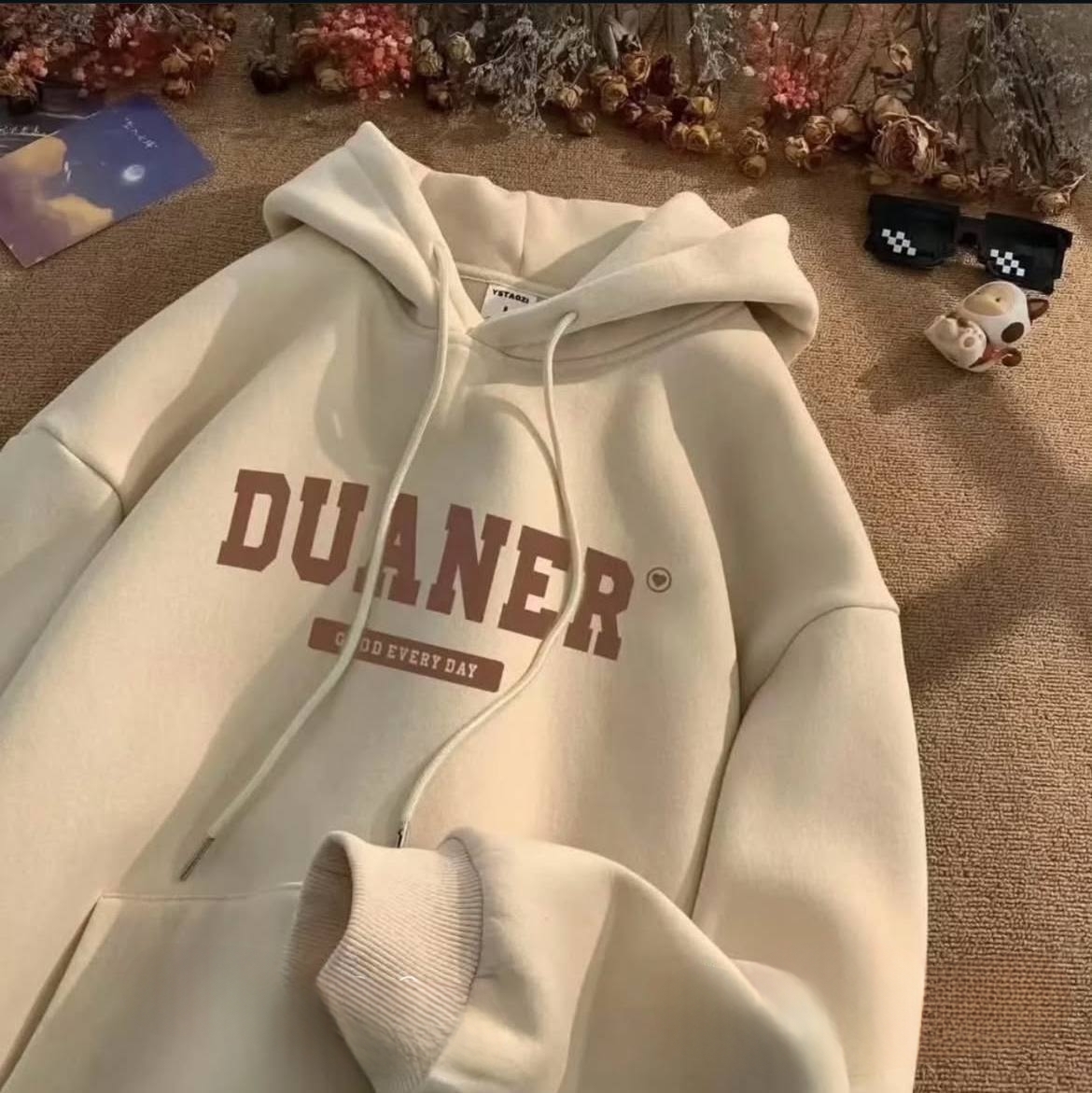 هودی کلاه دار فری سایز داخل کرکی کرم