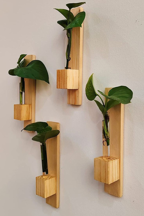 گلدان دیواری چوبی با شیشه جای گل هدیه