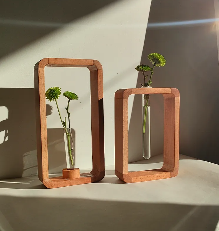 ست دوتایی گلدان چوبی دکوری با شیشه جای گل هدیه