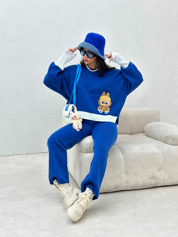 دو تیکه بافت بلوز شلوار فری سایز لبوبو زنانه آبی