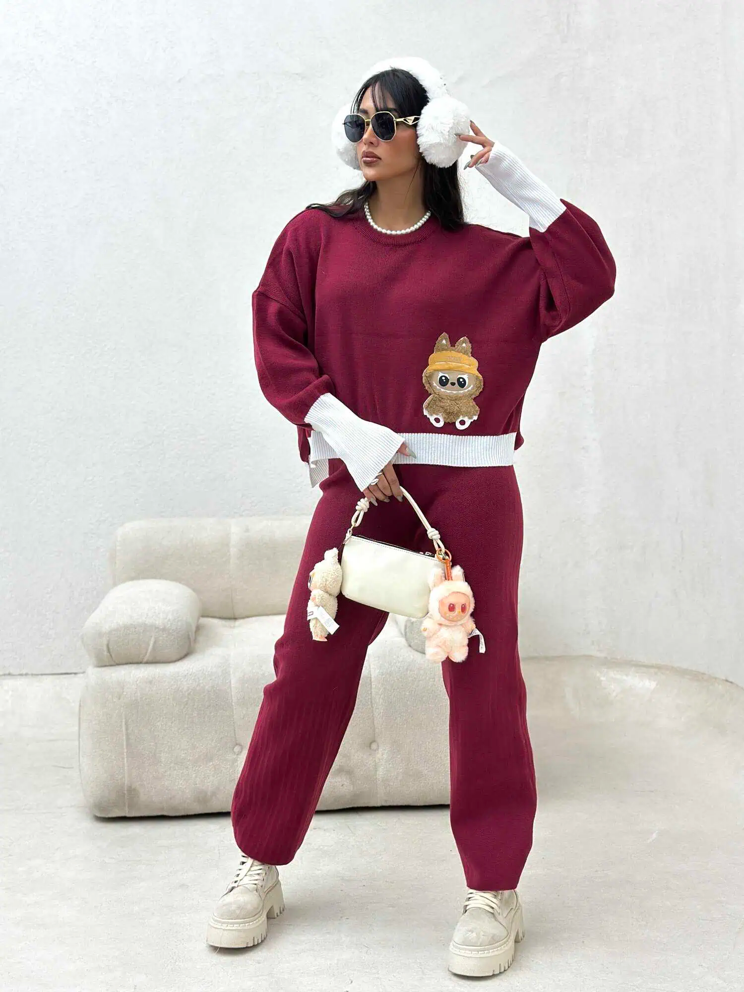 دو تیکه بافت بلوز شلوار فری سایز لبوبو زنانه زرشکی