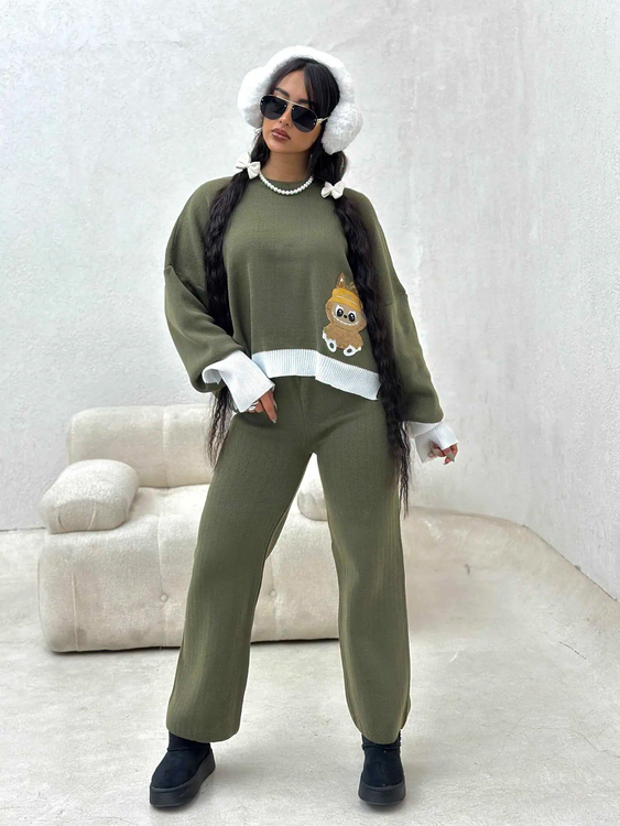 دو تیکه بافت بلوز شلوار فری سایز لبوبو زنانه یشمی