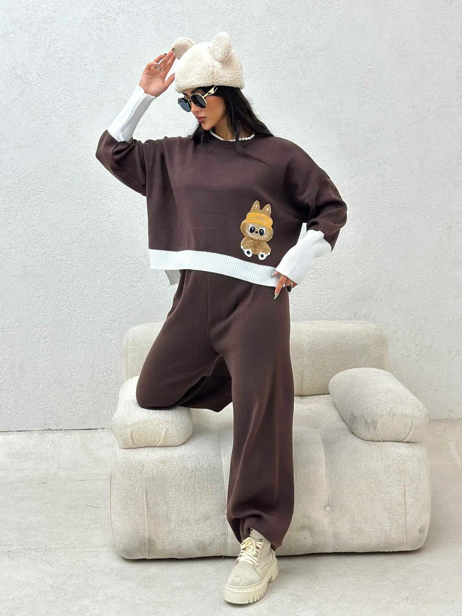 دو تیکه بافت بلوز شلوار فری سایز لبوبو زنانه قهوه ای